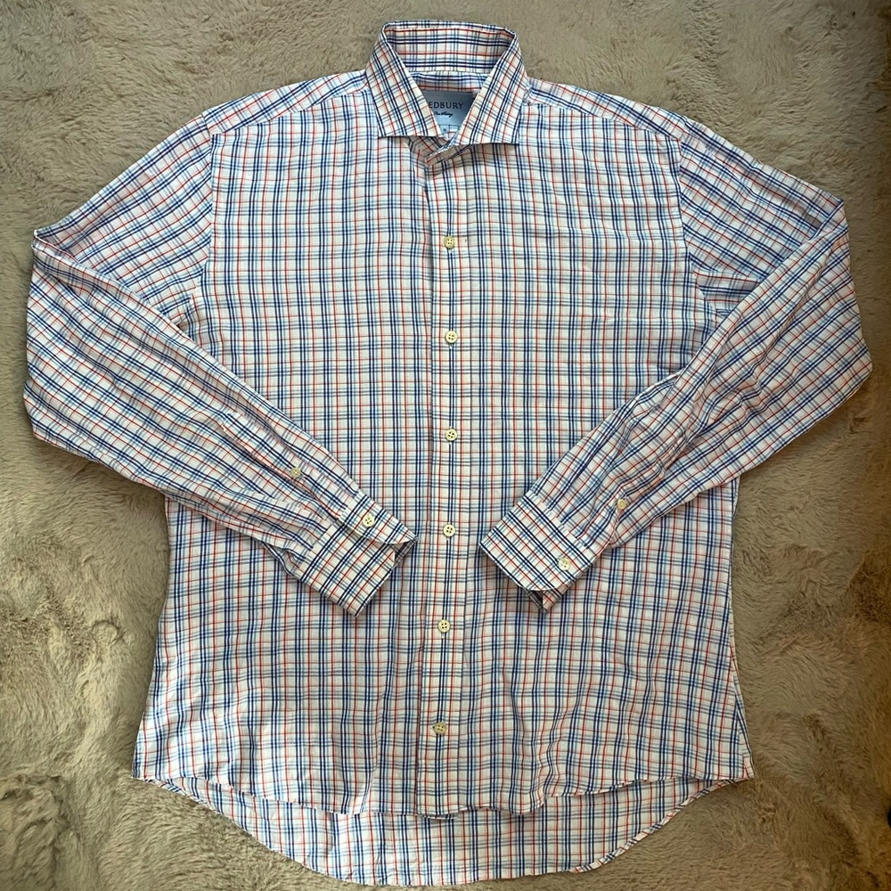 Ledbury Mens Dress Shirt XL Light Blue Navy Red Plaid Cotton Button Down Flawed
